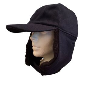 Trapper Hat Ushanka Navy Blue Faux Fur Ear Flap Wool Poly Winter New Vintage